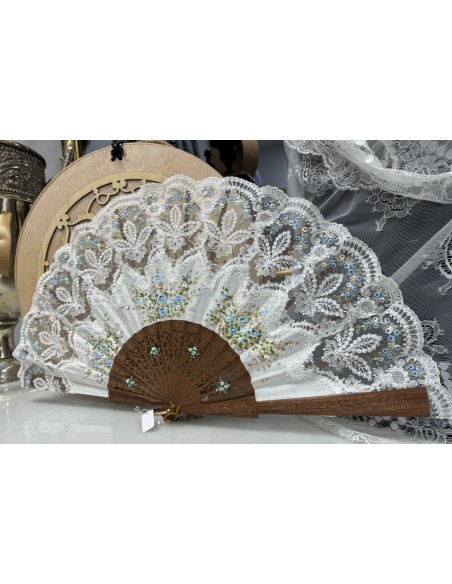 ABANICO DE MADERA DE PERAL PINTADO  A MANO Y DE ENCAJE ARTESANO BORDADO  28 CM