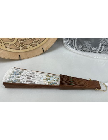 ABANICO DE MADERA DE PERAL PINTADO  A MANO Y DE ENCAJE ARTESANO BORDADO  28 CM