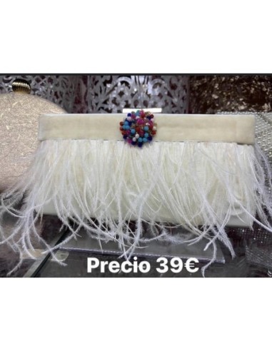 Clutch beige plumillas ,terciopelo y pedrería