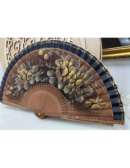 Abanico negro de madera de alta calidad pintado a mano artesanal Ref 9411