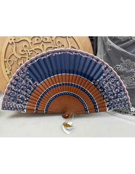 copy of ABANICO DE MADERA CON PAÍS DE TELA AZUL MARINO , PINTADO A MANO 23CM. REF: 9418