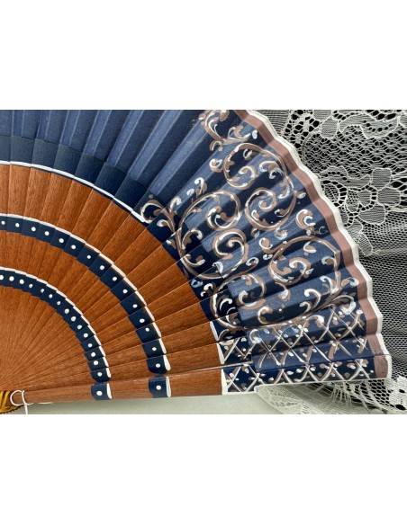 copy of ABANICO DE MADERA CON PAÍS DE TELA AZUL MARINO , PINTADO A MANO 23CM. REF: 9418
