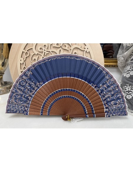 copy of ABANICO DE MADERA CON PAÍS DE TELA AZUL MARINO , PINTADO A MANO 23CM. REF: 9418