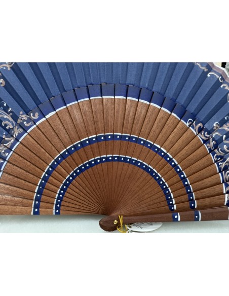 copy of ABANICO DE MADERA CON PAÍS DE TELA AZUL MARINO , PINTADO A MANO 23CM. REF: 9418